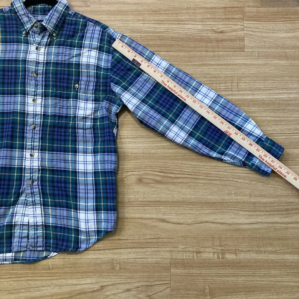 Vintage Lands End Mens L 16-16.5  Regular Cotton Blue Plaid Button Down Shirt